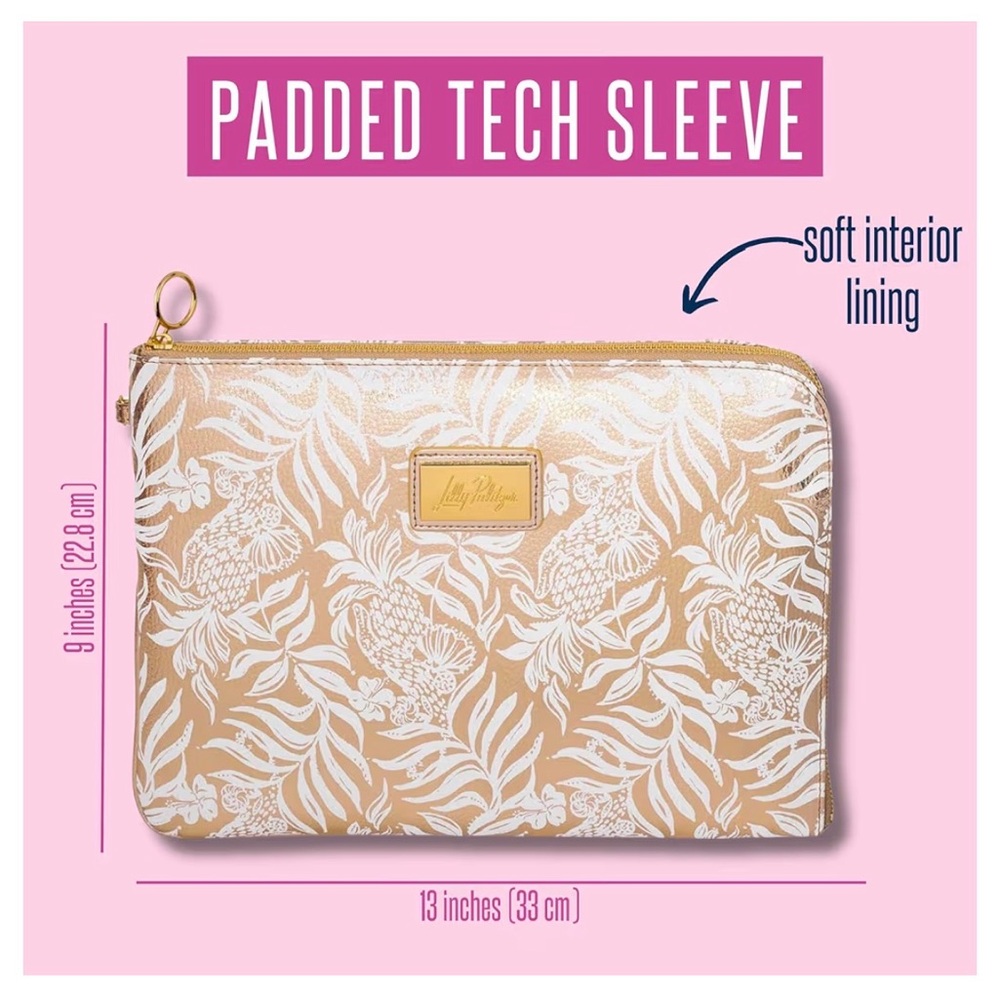 Lilly Pulitzer Padded Tech Sleeve & Small Zip Pouch, Gold Metallic Bon Vivants - Picture 4 of 11